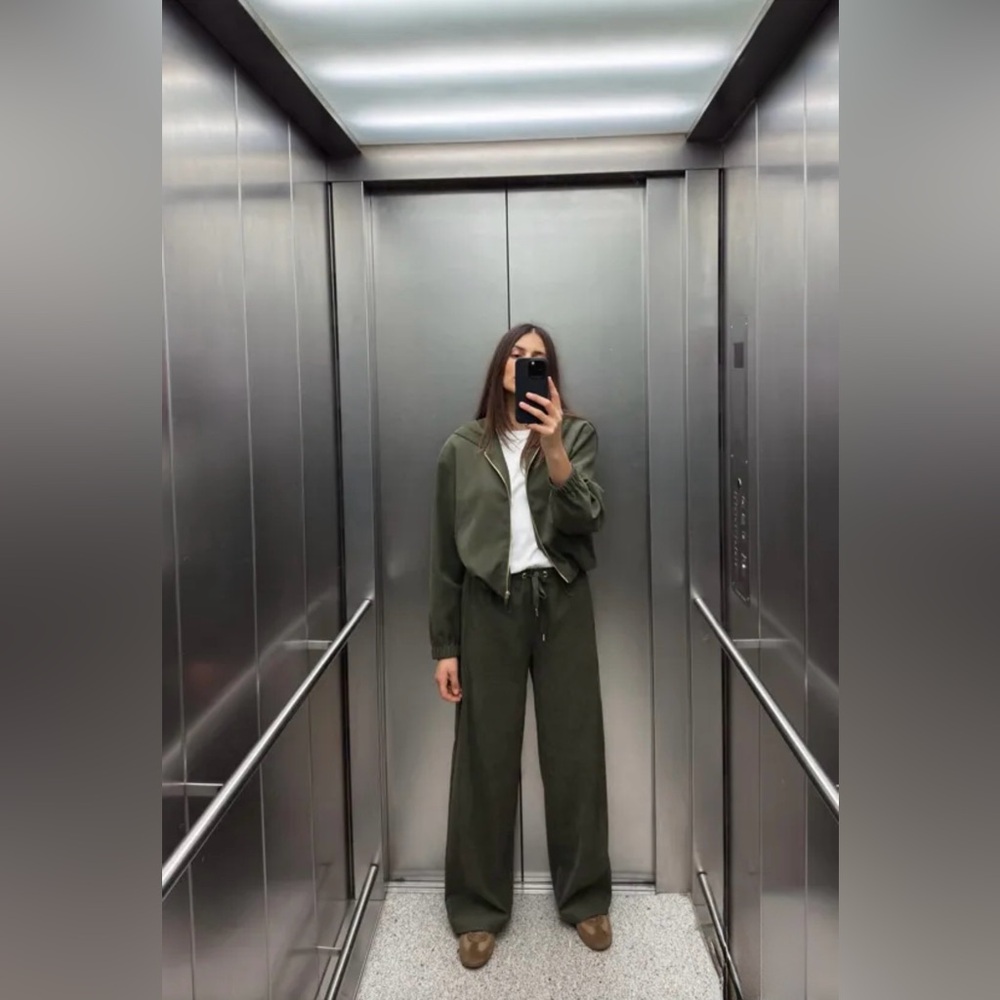 ZARA TEXTURED WIDE LEG PANTS DARK KHAKI GREEN - Picture 3 of 6